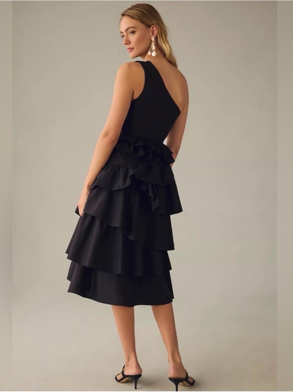 Anthropologie One-Shoulder Black Tiered Ruffle Dress - Picture 2 of 4